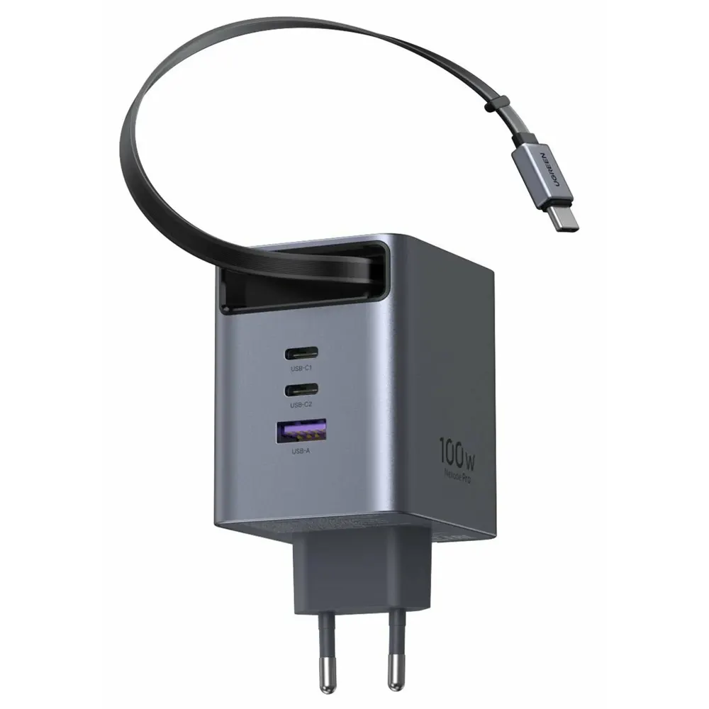 UGREEN X616 (65828), 100W, GaN Fast Charger with Retractable Cable, Grey