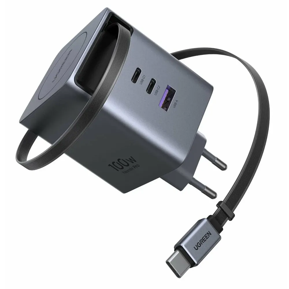 UGREEN X616 (65828), 100W, GaN Fast Charger with Retractable Cable, Grey