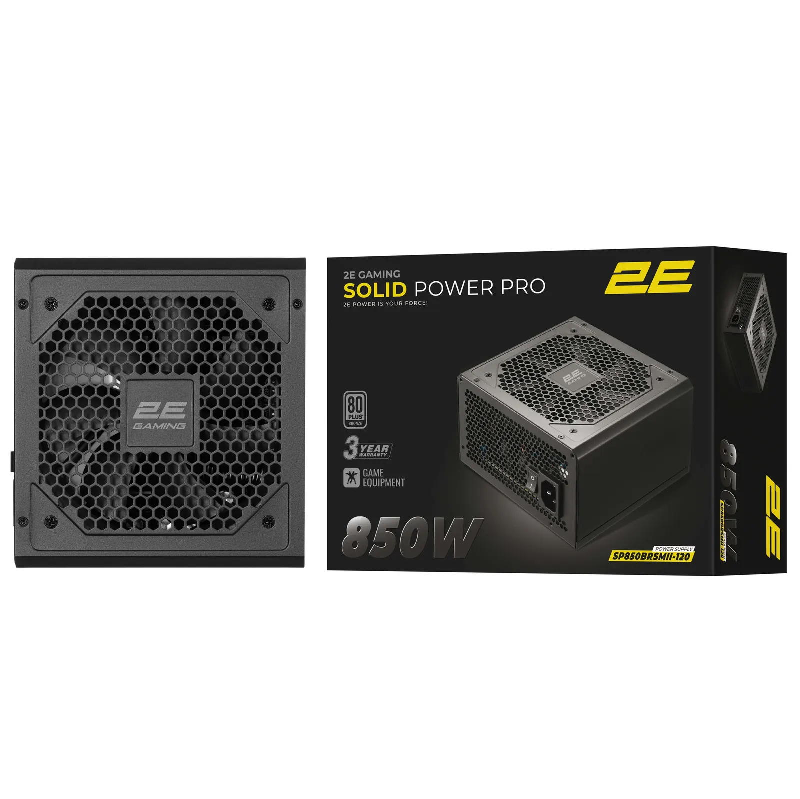 2E GAMING PSU Solid Power Pro (850W), >85%, 80+ Bronze, 120mm, 1xMB 24pin(20+4), 2xCPU 8pin(4+4), 3xMolex, 6xSATA, 4xPCIe 8pin(6+2), 1x12VHPWR, Semi