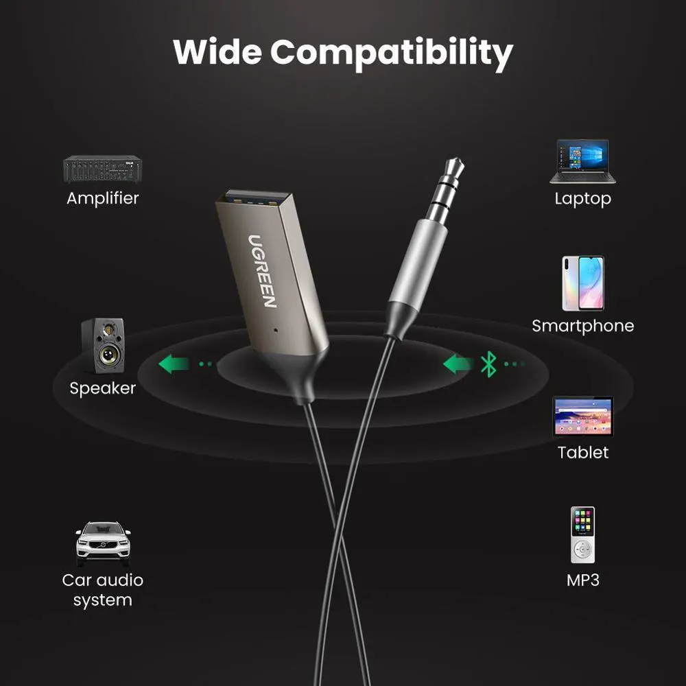 Bluetooth მიმღები UGREEN CM309 (70601), USB to Aux Car Bluetooth 5.0 Receiver, Audio Adapter, Black