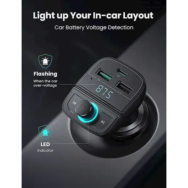 UGREEN CD229 Bluetooth Car Charger BT5.0, PD, QC3.0, USB Flash Drive, TF, Black (80910)