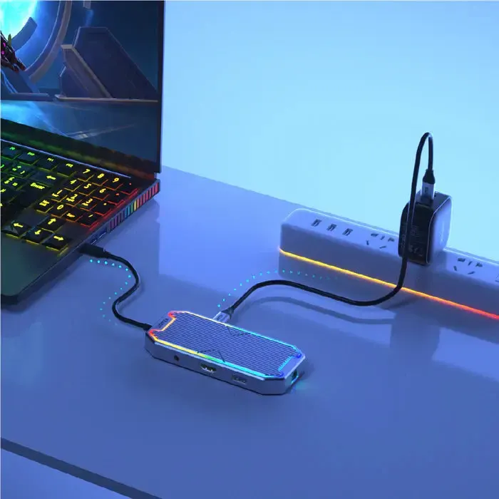 D1029A,UNITEK, 7-in-1 USB-C 10Gbps Hub with RGB Light (2*USB-A 10Gbps+USB-C 10Gbps+HDMI 4K60Hz+Gigabit Ethernet+Audio+PD 100W