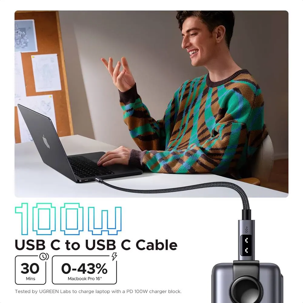 USB კაბელი UGREEN Uno L509 (35512), 100W, Type-C to Type-C, 2M, Black/Grey