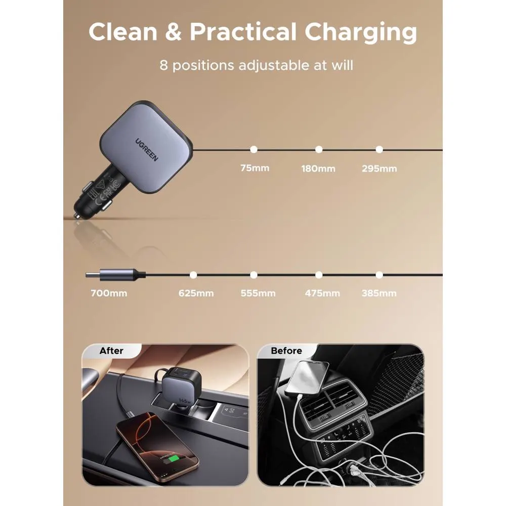 მანქანის დამტენი UGREEN EC604 (55910B) Nexode, 145W, Car Charger With Retractable Type-C Cable, Grey
