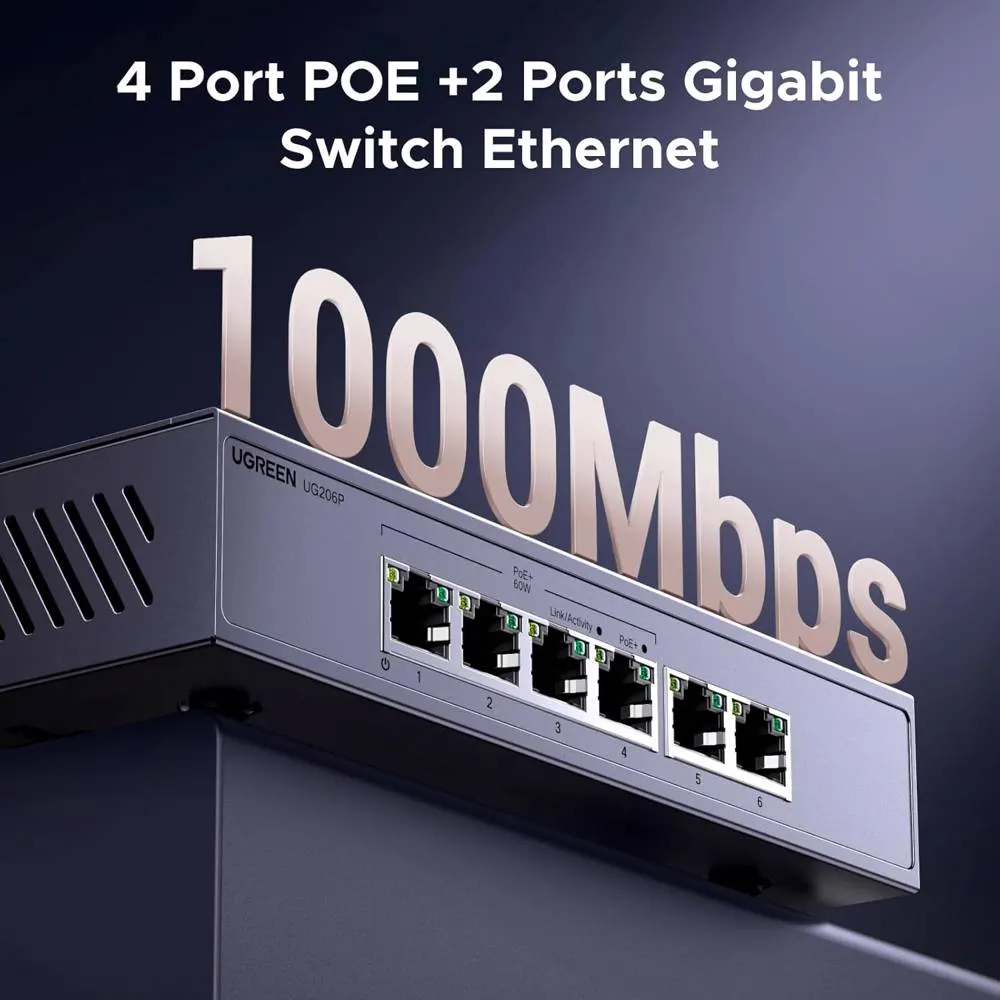 სვიჩი UGREEN CM741 (35371EU), 6-Port Gigabit, PoE+ Switch, Grey