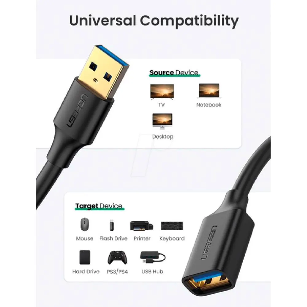 USB დამაგრძელებელი UGREEN US129 (30127), USB 3.0 Male to USB Female, Extension Male Cable, 3m, Black