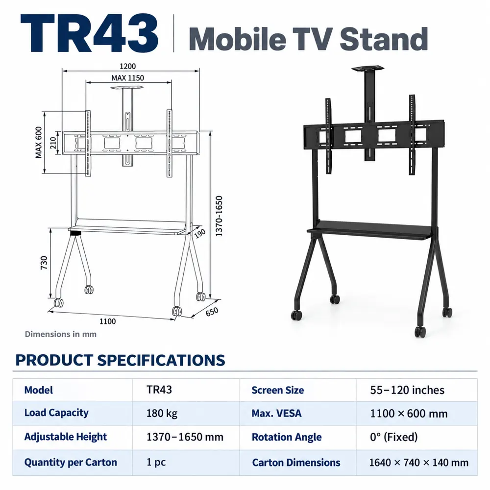 AllScreen TR43, 55"-120", TV Mount With Roller, Black