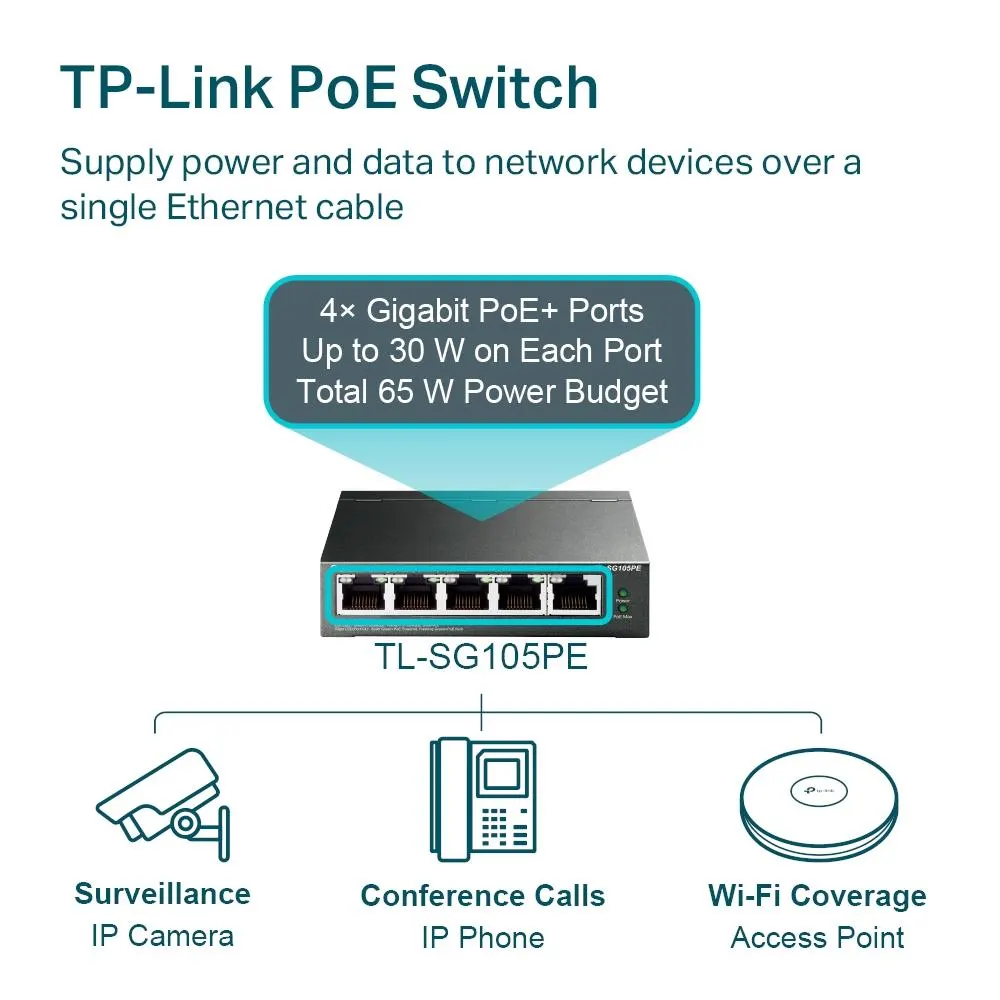 TP-Link, TL-SG105PE, 5-Port Gigabit Easy Smart Switch with 4-Port PoE+