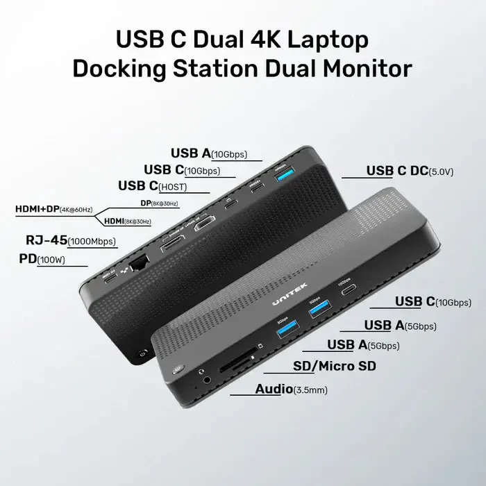 D1079A, UNITEK, Docking Station, 12-in-1 USB 4 (2*Type C 10Gb+USB 10Gb+2*USB+SD/Micro+DP+HDMI 8K+Audio+1Gb Lan+PD 100W), Bla