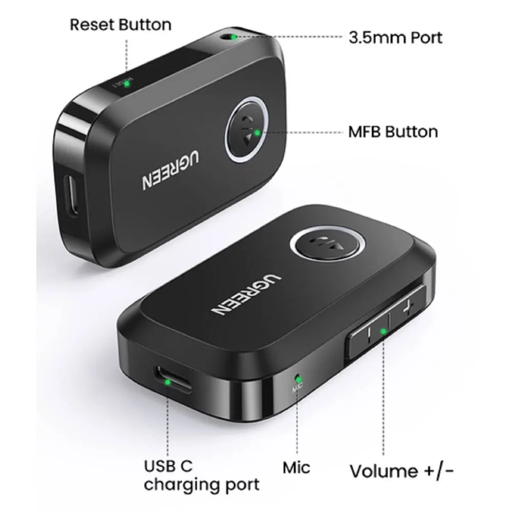 Bluetooth მიმღები UGREEN CM596 (90748), Bluetooth 5.3, AUX, Car Adapter, Black