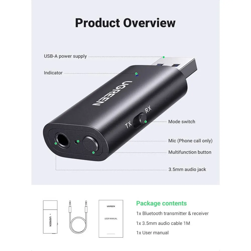 Bluetooth ადაპტერი UGREEN CM523 (60300), USB 2.0 to 3.5mm Bluetooth Transmitter/Receiver Adapter, Black
