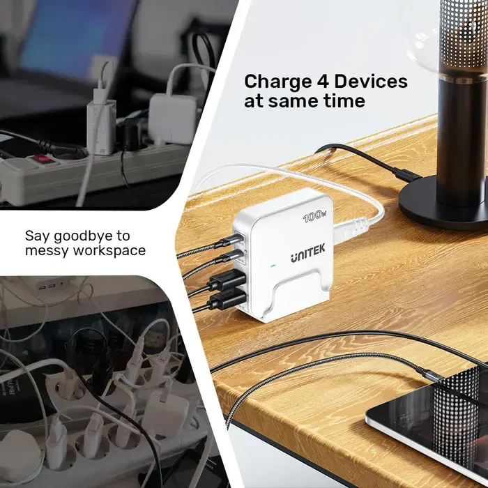 P1229ABK, UNITEK, Charger, 100W 4-in-1 Desktop GaN Charger (2*USB-C PD + 2*USB-A QC3.0), with 1.5M Power Cord, Black.
