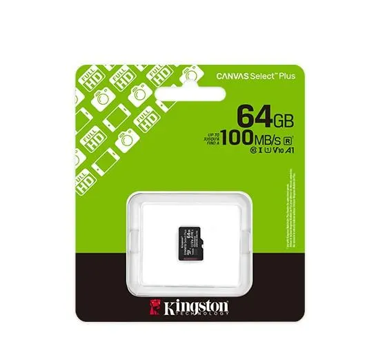 SDCS3/64GBSP, KINGSTON, Memory Card, 64GB microSDXC Canvas Select Plus Gen3 100MB/s A1.