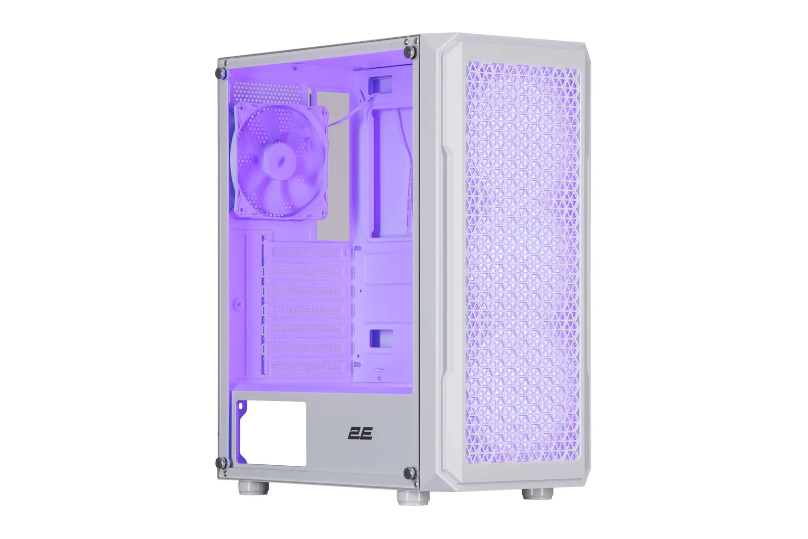 ქეისი 2E Gaming Computer case Hexagon G338W, without PSU, 2xUSB 3.0, 1xUSB Type-C, 1x120mm, 3x120mm ARGB, TG Side Panel, ATX, White