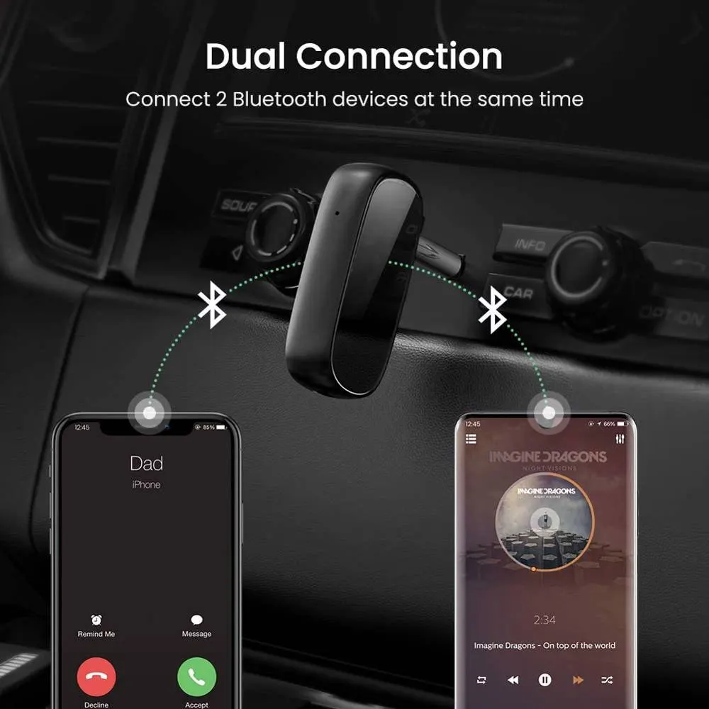 Bluetooth მიმღები UGREEN CM279 (70304), Bluetooth 5.0, AUX, Car Adapter, Black