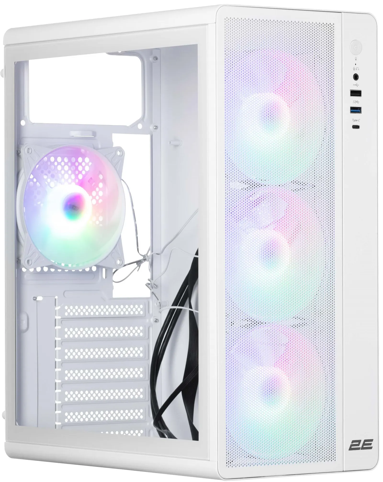 ქეისი PC case 2E GAMING Credo Plus V510W without PSU, 1xUSB3.0, 1x USB 2.0, 1xUSB Type-C, 4x120mm RGB Rainbow, VGA 310mm, TG Side Panel, ATX, white