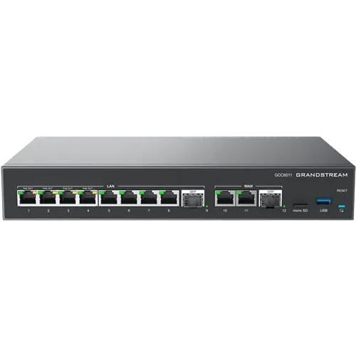 Grandstream GCC6011, All-in-one convergence device: VPN Router, NGFW, Switch and IP PBX. 2x 2.5G SFP, 10x GbE, 3 fixed WAN, 4x PoE-Out, 2.5Gbps NAT
