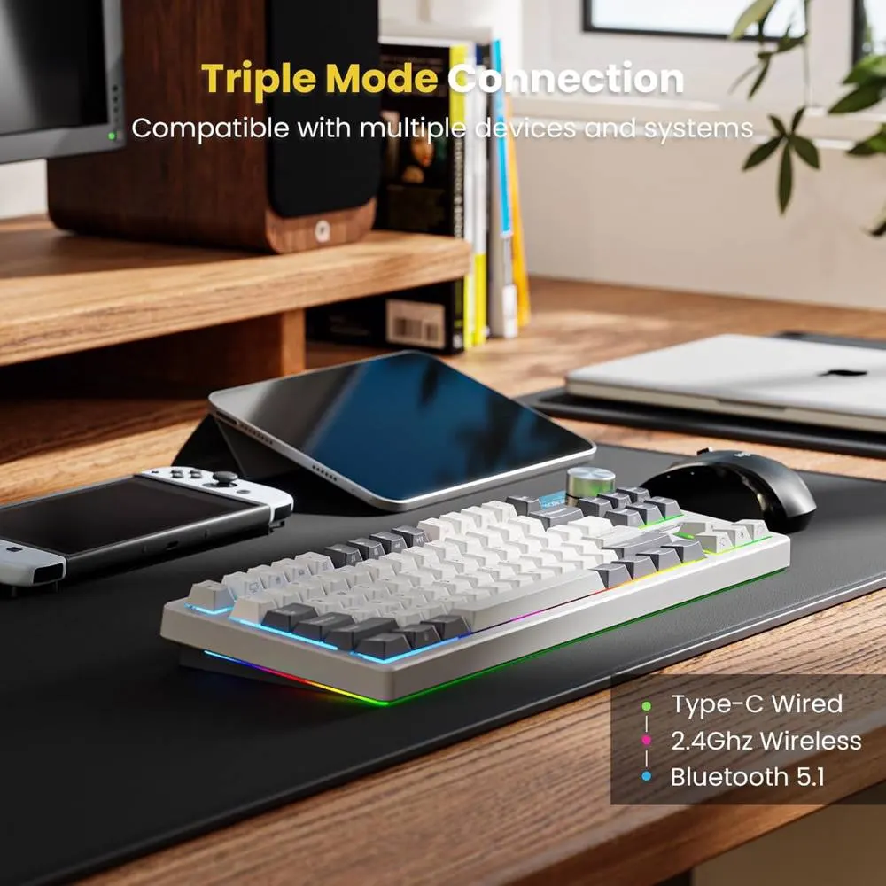 კლავიატურა Royal Kludge RK S85 RGB Mechanical Keyboard, Cloud Switch, Hot Swappable, Wireless, Type-C, Bluetooth, 2.4GHz, White Night