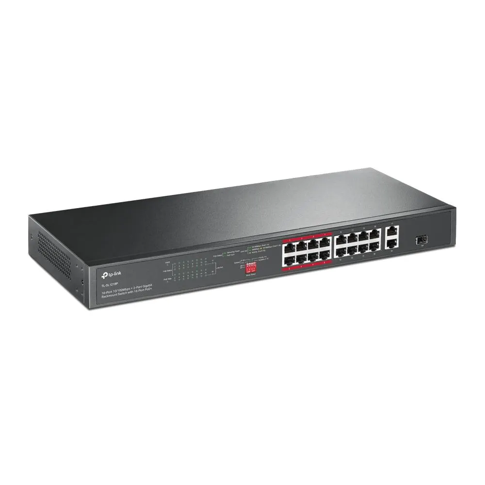 TP-Link, TL-SL1218P, 16-Port 10/100 Mbps + 2-Port Gigabit Rackmount Switch with 16-Port PoE+