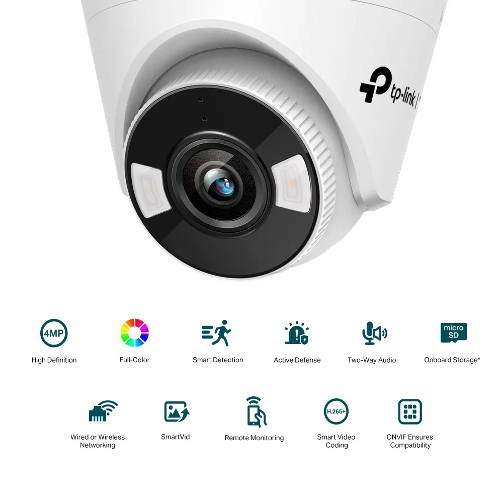 IP კამერა TP-Link VIGI C440 Full-Color Turret Network Camera - Indoor, 4MP, 2560 × 1440, 2.8mm Lens, 122° Diagonal Viewing Angle, Full-Color Night Vision, IR Cut Filter, RJ-45, PoE/12V DC, MicroSD card slot (up to 256GB), Two-Way Audio