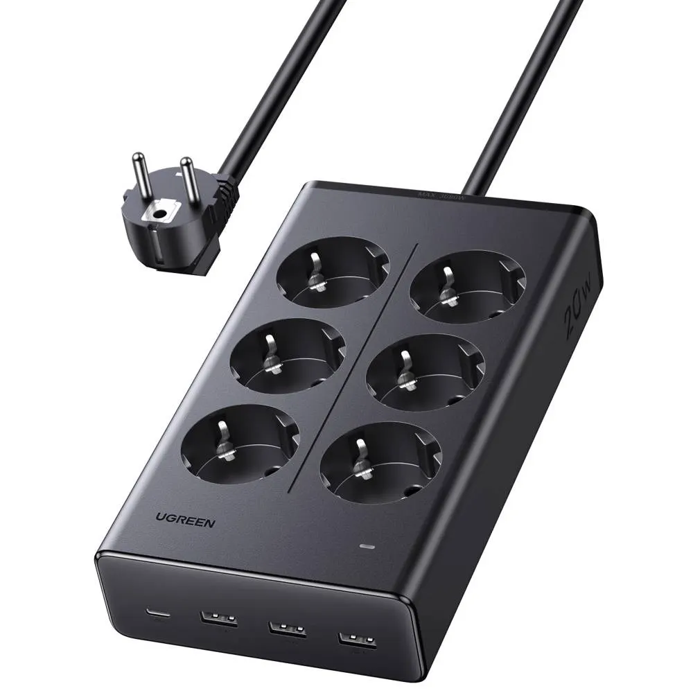დენის გამანაწილებელი UGREEN S622 (75141), 6 Socket, USB, Type-C, 1.5m, Black