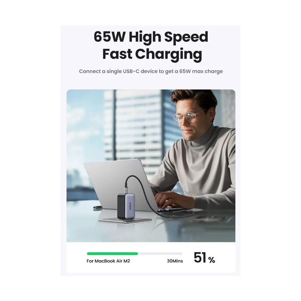 მობილურის დამტენი UGREEN X755 (25871) Nexode Pro, 65W, USB, Type-C with Type-c Cable 1.5m, Grey