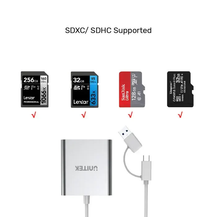 Y-9313D, UNITEK, Card Reader, Y-9313D, USB3.0 to Micro SD/SD/CF Card Reader (With USB-C Adaptor).