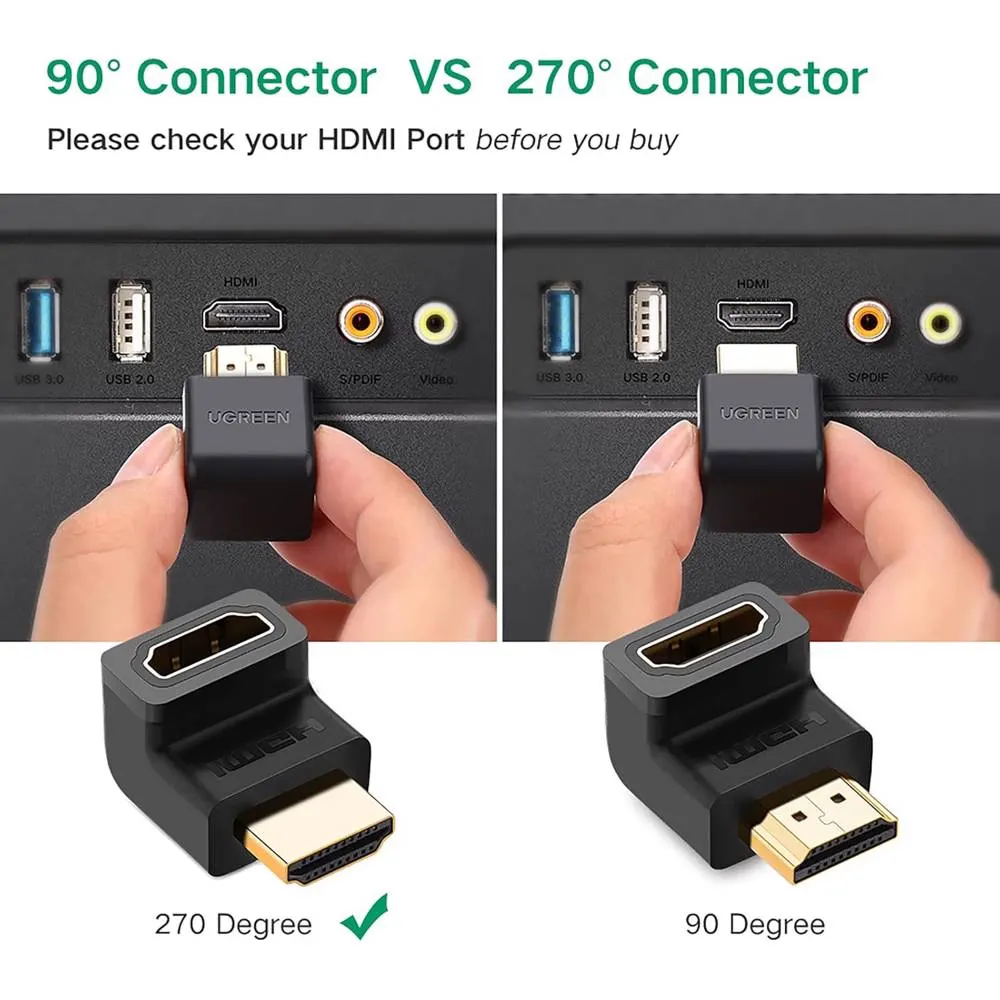 კუთხის HDMI ადაპტერი UGREEN HD112 (20110), HDMI 4K Adapter Male to Female Up-angled, Black