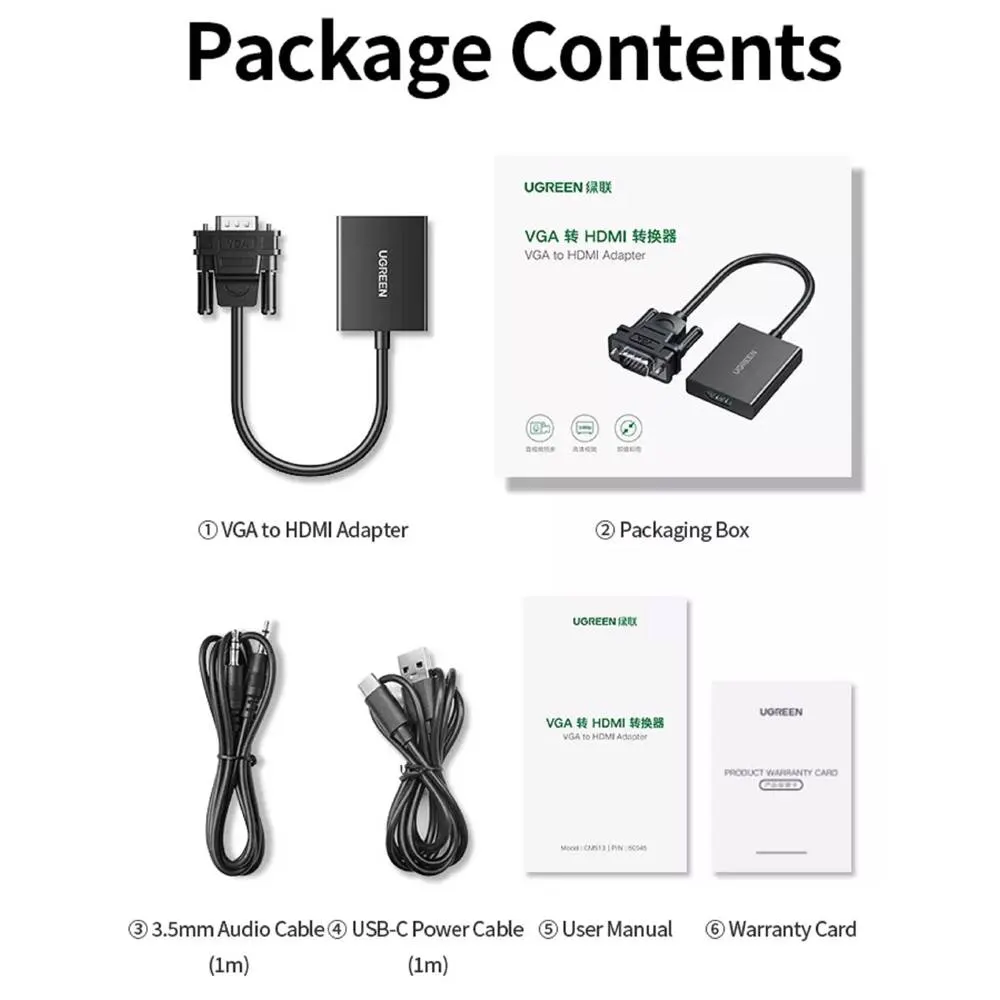 ადაპტერი UGREEN CM513 (50945), VGA To HDMI Adapter With 3.5mm And Type-C, 0.15cm, Black