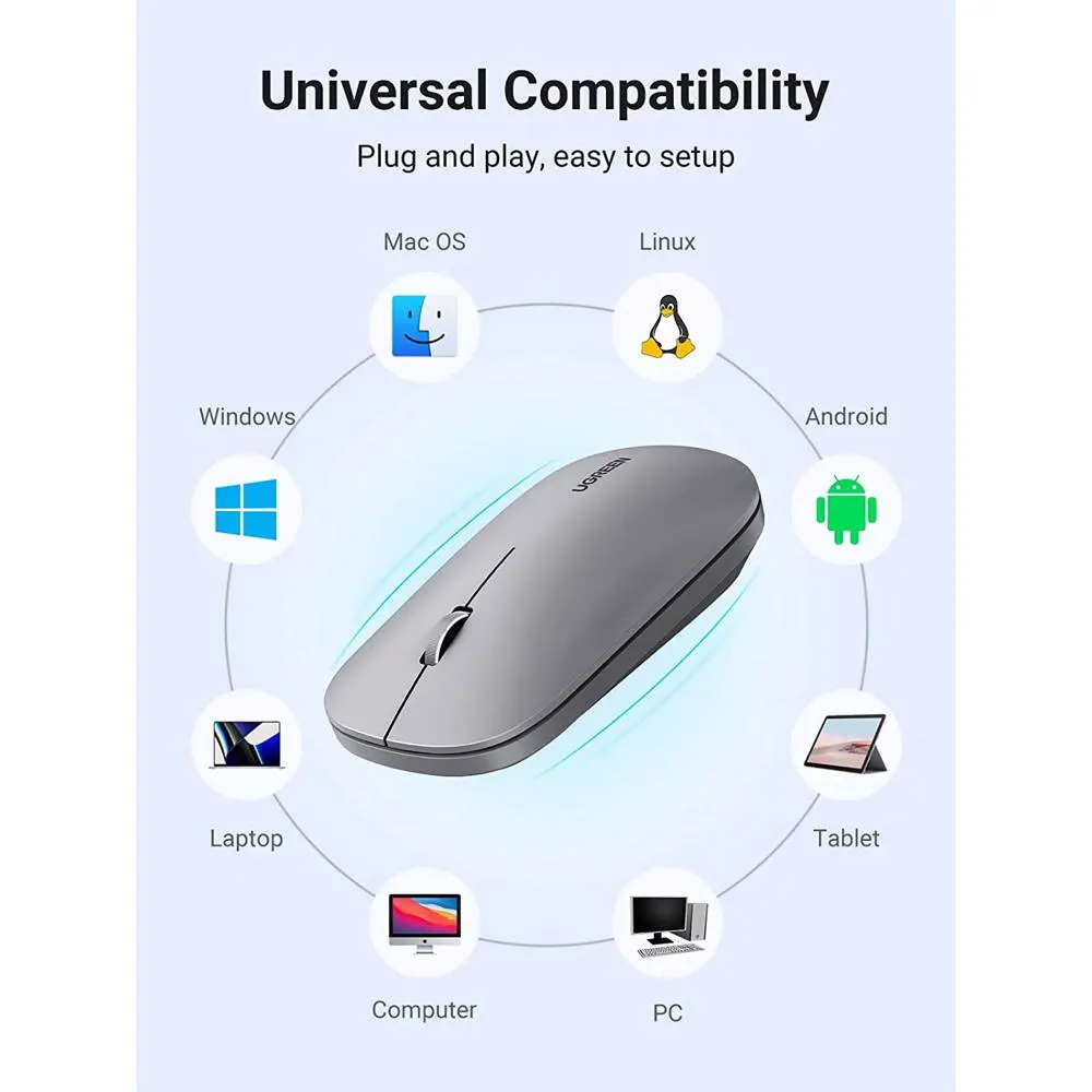 მაუსი UGREEN MU001 (90373) Wireless 2.4G Slim Silent Mouse, 4000DP, Gray