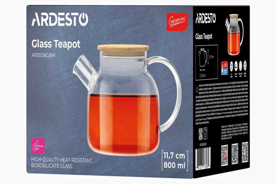 ჩაიდანი Ardesto Teapot Gemini 800ml, borosilicate glass, bamboo, transparent