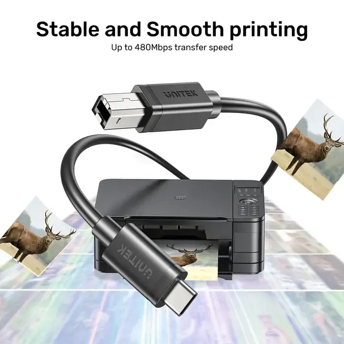 C14140ABK03-2M, UNITEK, 2M, USB-C 480Mbps to USB-B Printer Cable