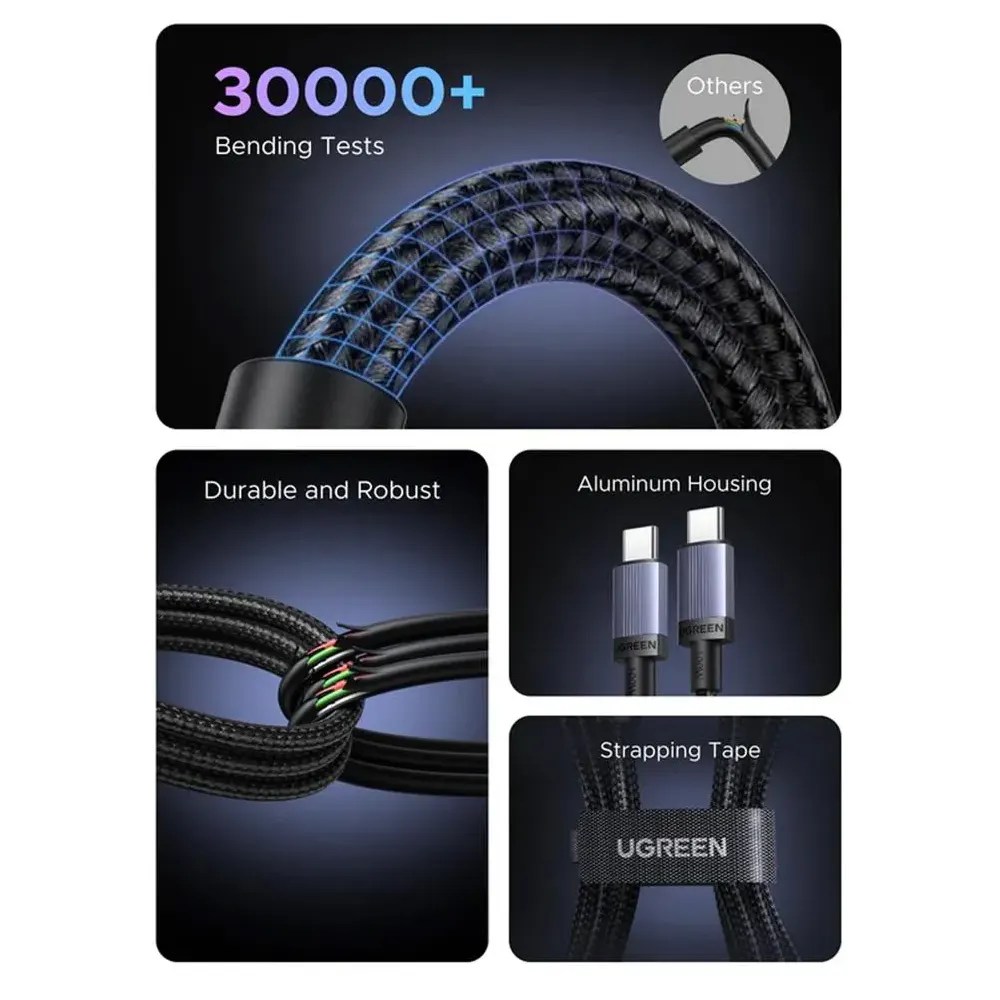 UGREEN L528 (65832), 100W, Type-C to Type-C Cable, 1m, Grey/Black
