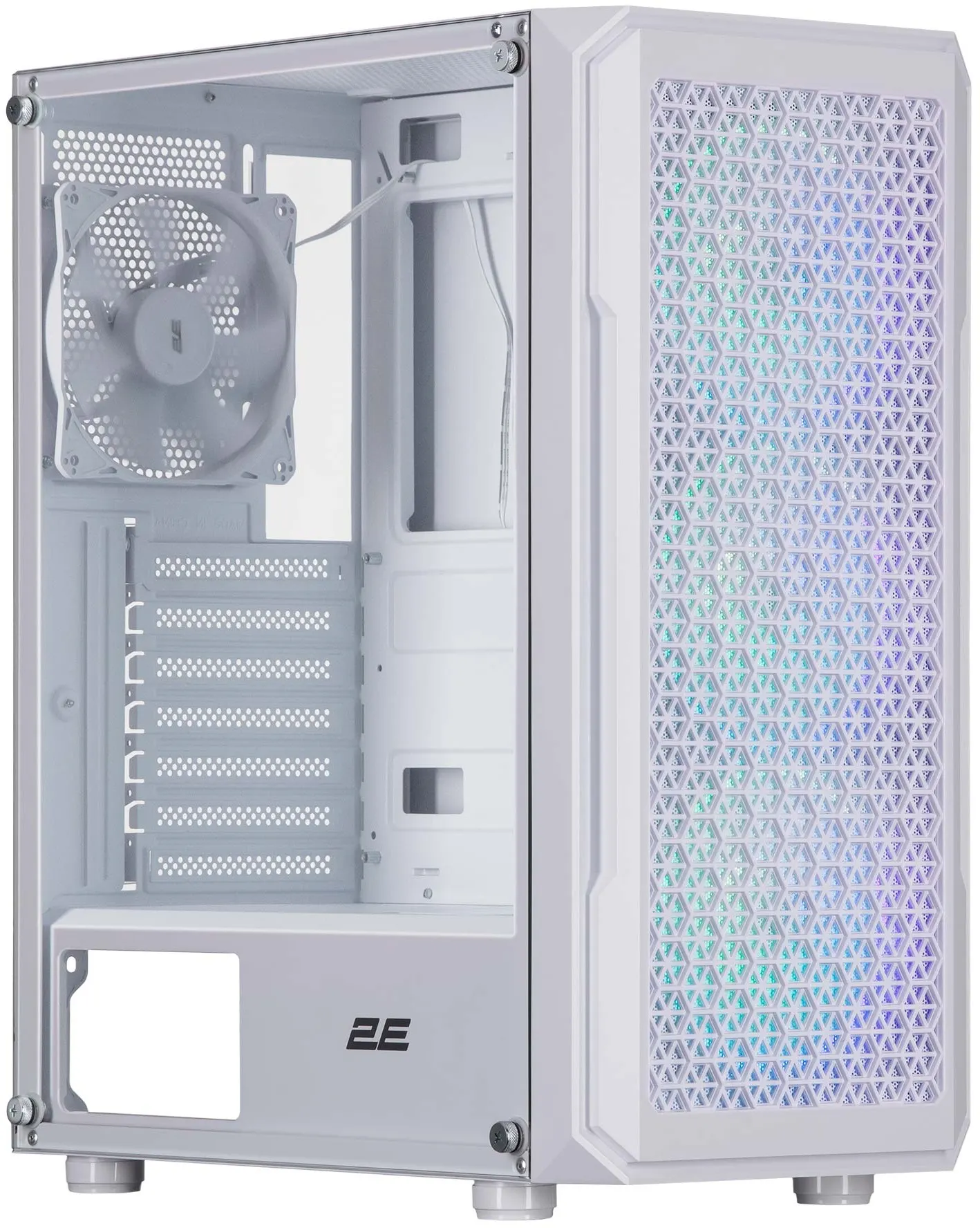 ქეისი 2E Gaming Computer case Hexagon G338W, without PSU, 2xUSB 3.0, 1xUSB Type-C, 1x120mm, 3x120mm ARGB, TG Side Panel, ATX, White