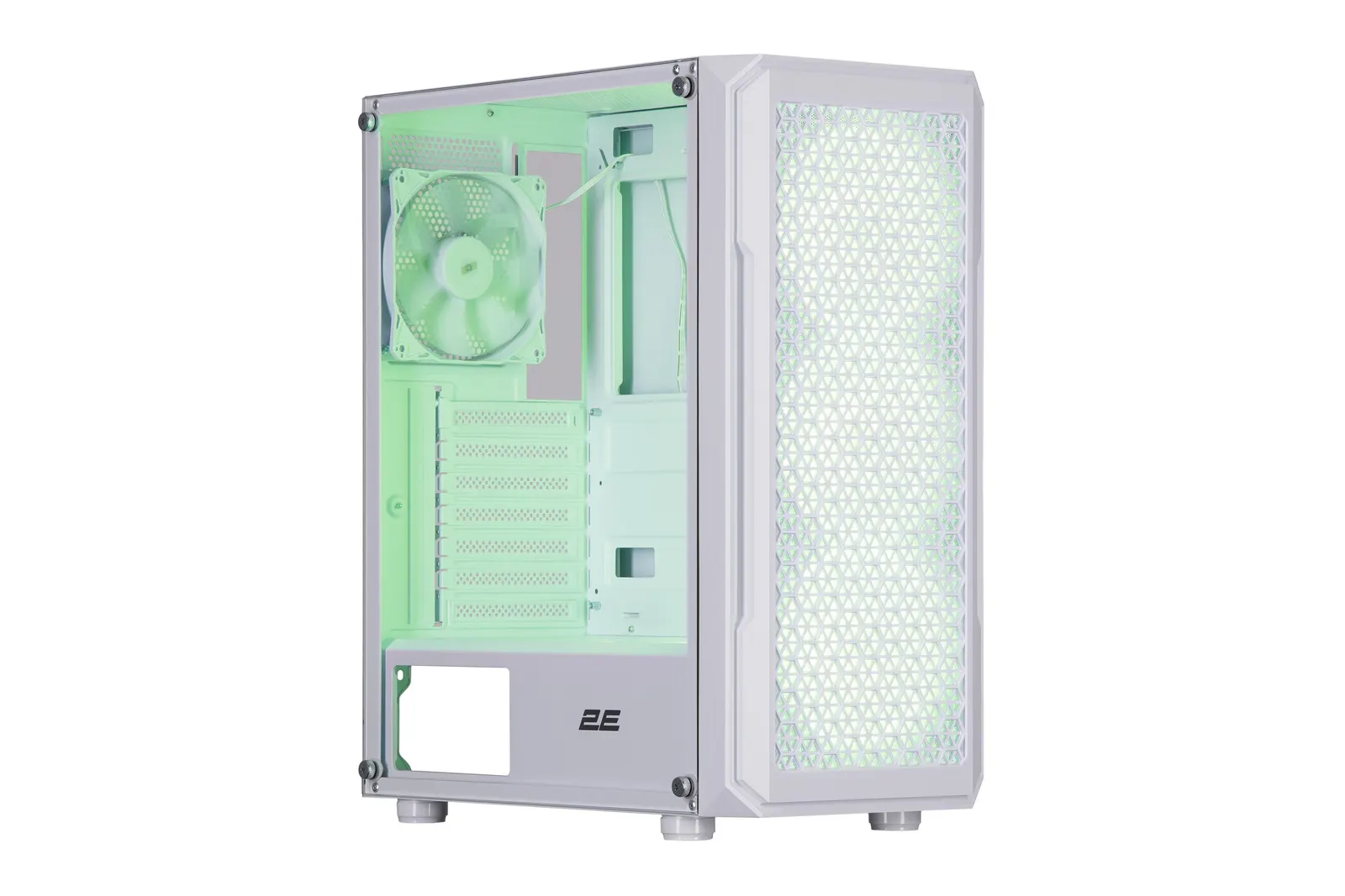 ქეისი 2E Gaming Computer case Hexagon G338W, without PSU, 2xUSB 3.0, 1xUSB Type-C, 1x120mm, 3x120mm ARGB, TG Side Panel, ATX, White