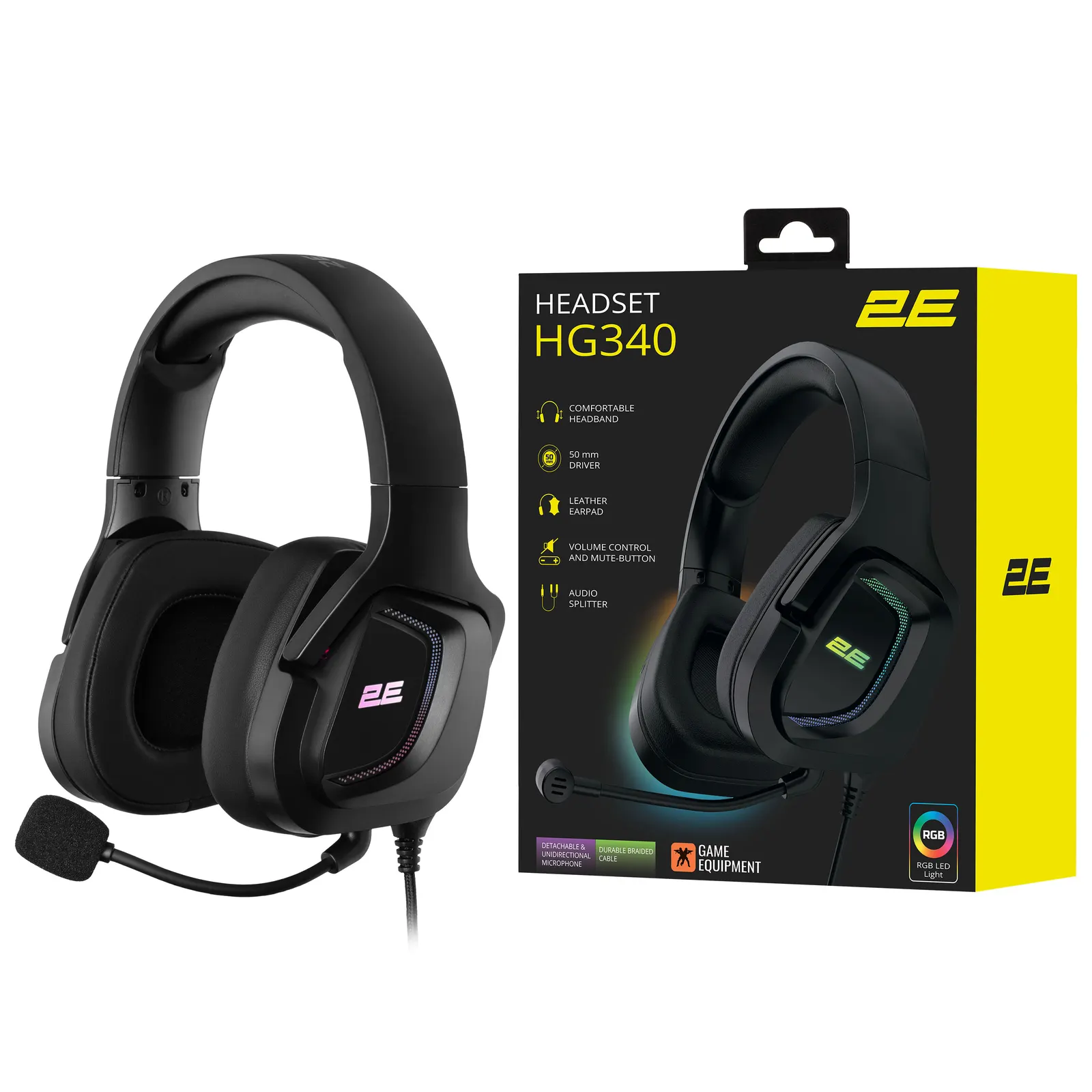 ყურსასმენი 2E GAMING Headset HG340, mini-jack/dual 3.5mm, RGB, 2m, black