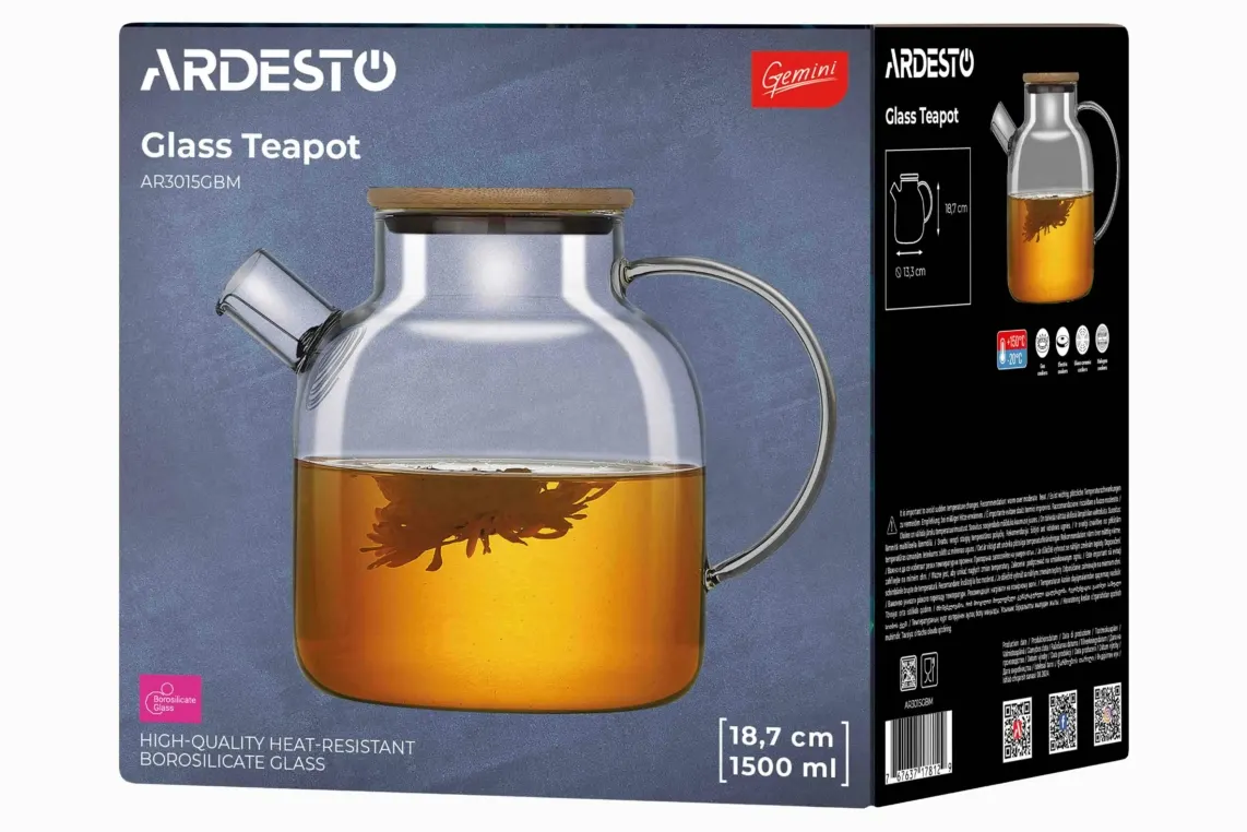 ჩაიდანი Ardesto Teapot Gemini 1500ml, borosilicate glass, bamboo, transparent