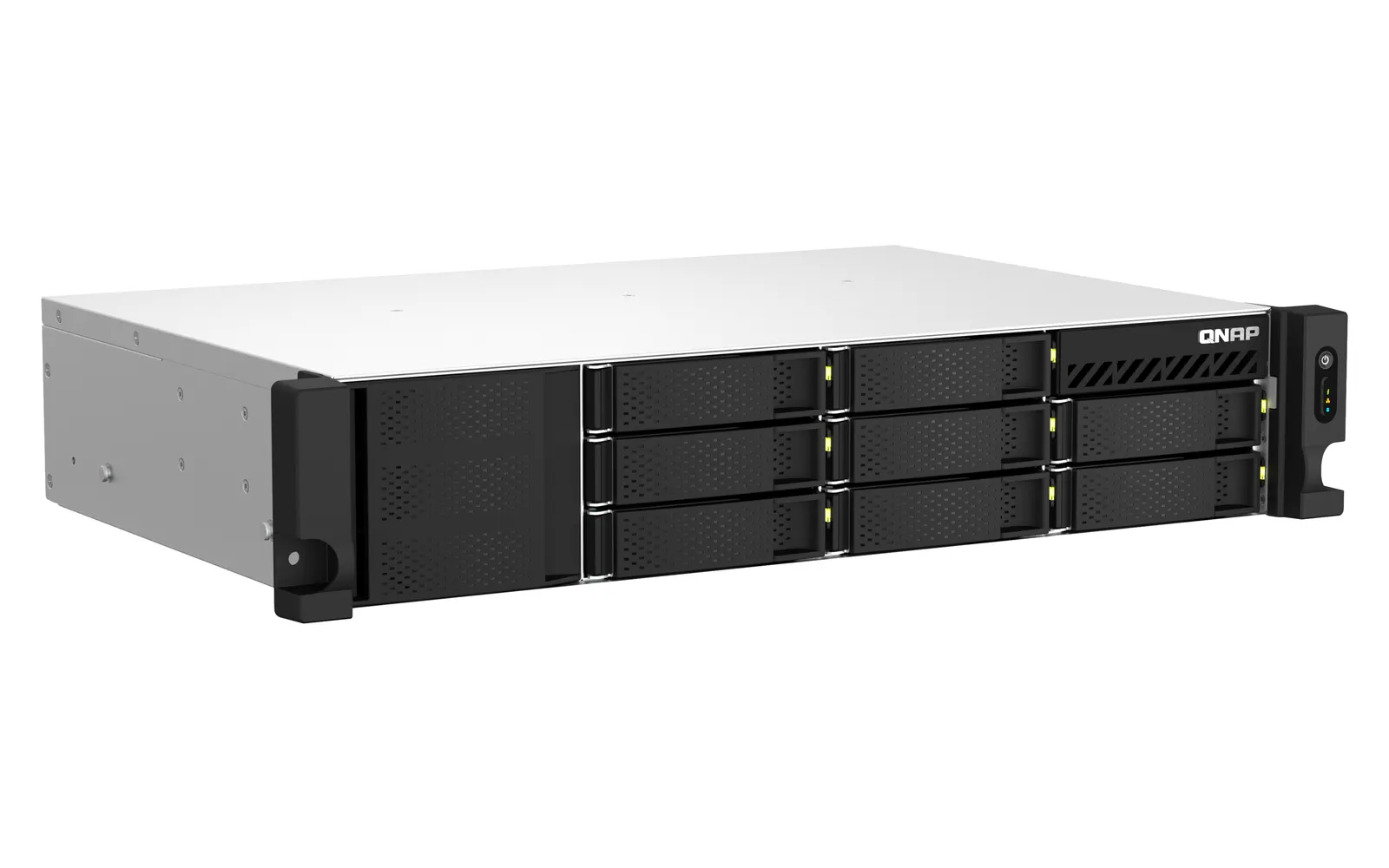 8-bay 2U short depth 12" rackmount NAS, Intel Celeron N5095 quad-core, 8 GB onboard not expandable, 8 x 3.5"/2.5" SATA 6Gb/s drive bays, 2 x 2.5GbE