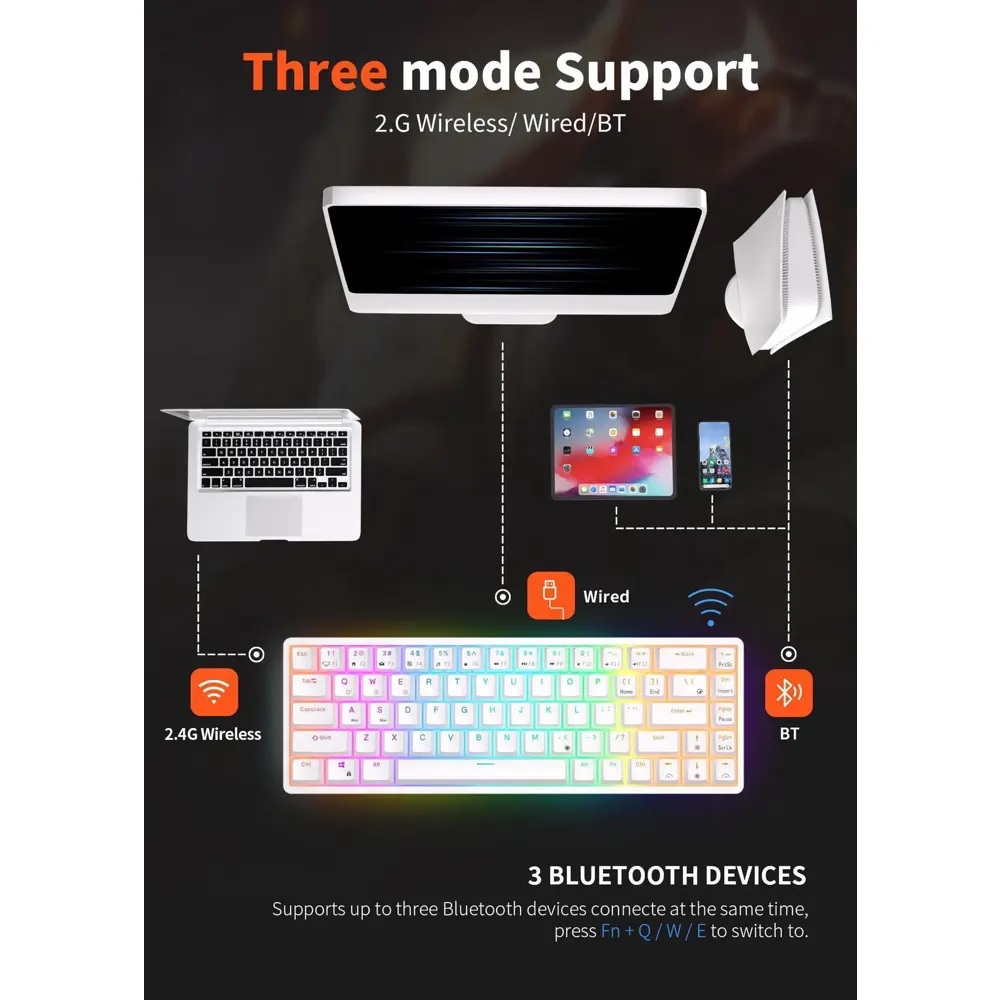 Royal Kludge RK G68 RGB Mechanical Keyboard, Red switch, Hot Swappable, Wireless, USB Type-C, 2.4 GHz, Bluetooth, White