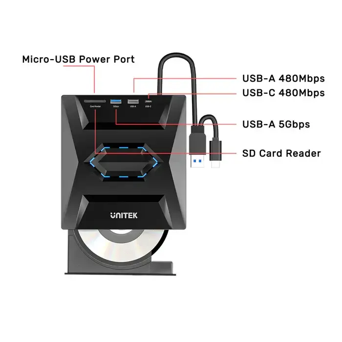 UNITEK, USB Adapter, T1037A01,, 5-in-1 External Optical Drive with USB Hub,SD Card Reader- Up to 5 Gbps; 8x DVDR, 24x CD wri