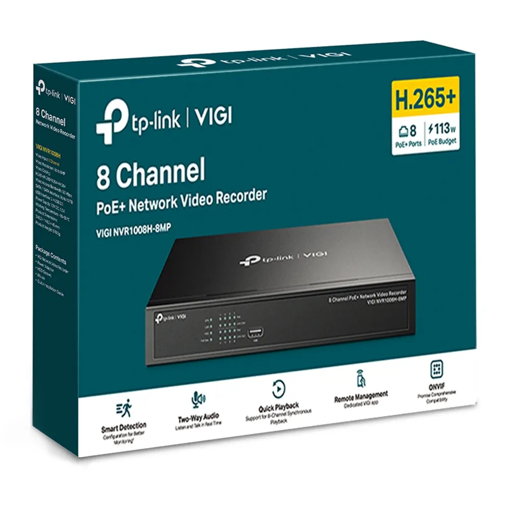 IP კამერა TP-Link VIGI 8 Channel Video Recorder PoE - 8-Channel IP Video Input, 8 PoE Pors, Incoming Bandwidth: 80 Mbps, Outgoing Bandwidth: 60 Mbp, 1 SATA slot up to 10TB, Decoding Format: H.265+/H.265/H.264+/H.264