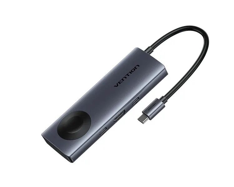 დოქ სადგური Vention TPMHB 6-in-1 USB-C 4K/60Hz Wireles Charging Docking Station 5Gbps 100W PD 0.11m Gray Aluminum