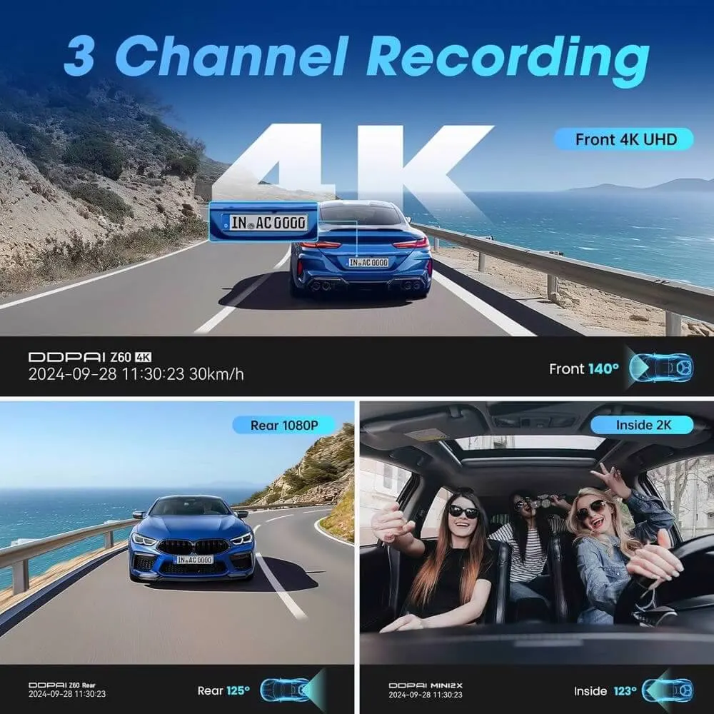 მანქანის ვიდეო რეგისტრატორი DDPAI Z60T, 140°, 4K UHD , WIFI, GPS, Bluetooth, Three-Channel Dashcam, Car Video Recorder, Black