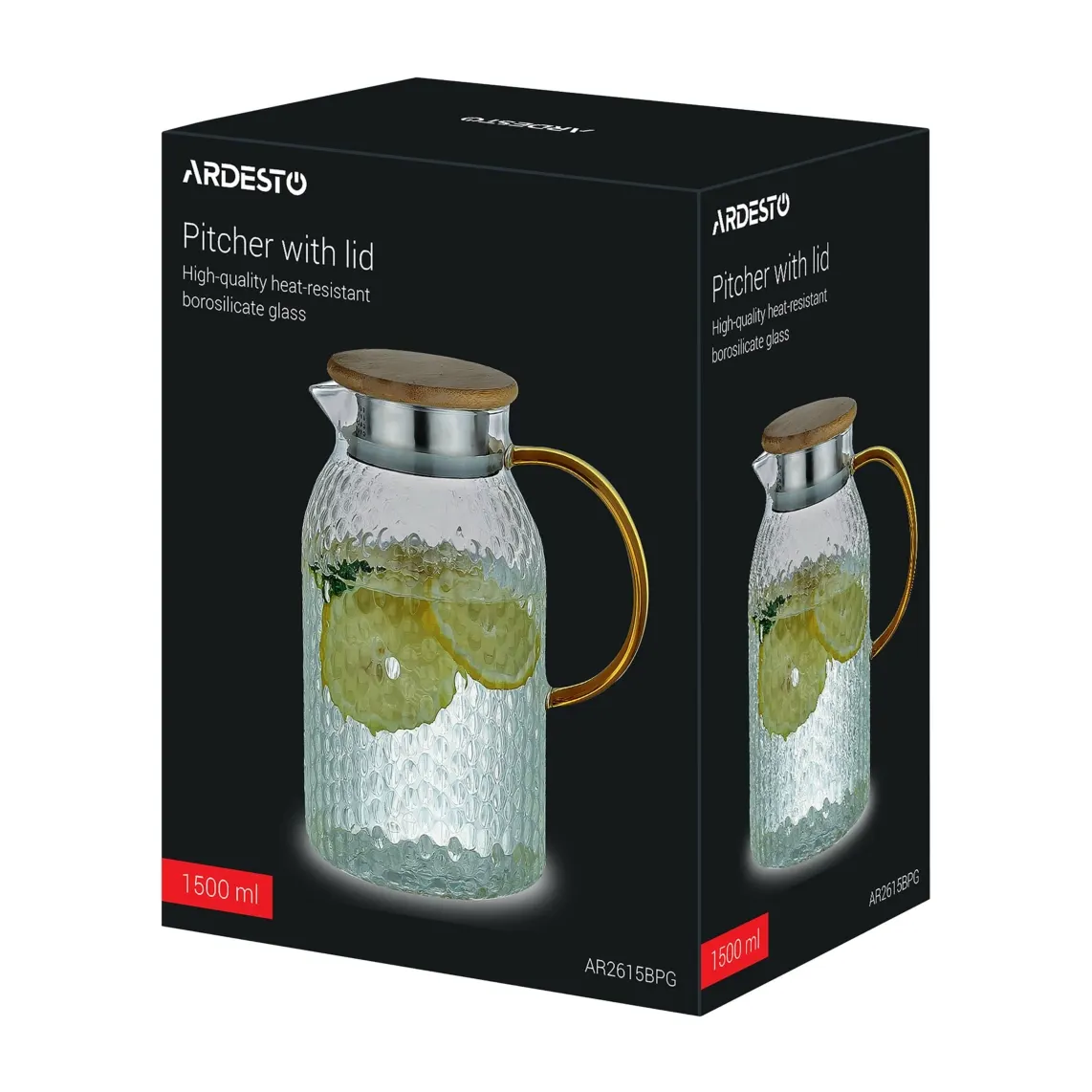 დოქი Ardesto Pitcher with lid Dew 1500ml, borosilicate glass, stainless steel, bamboo, transparent
