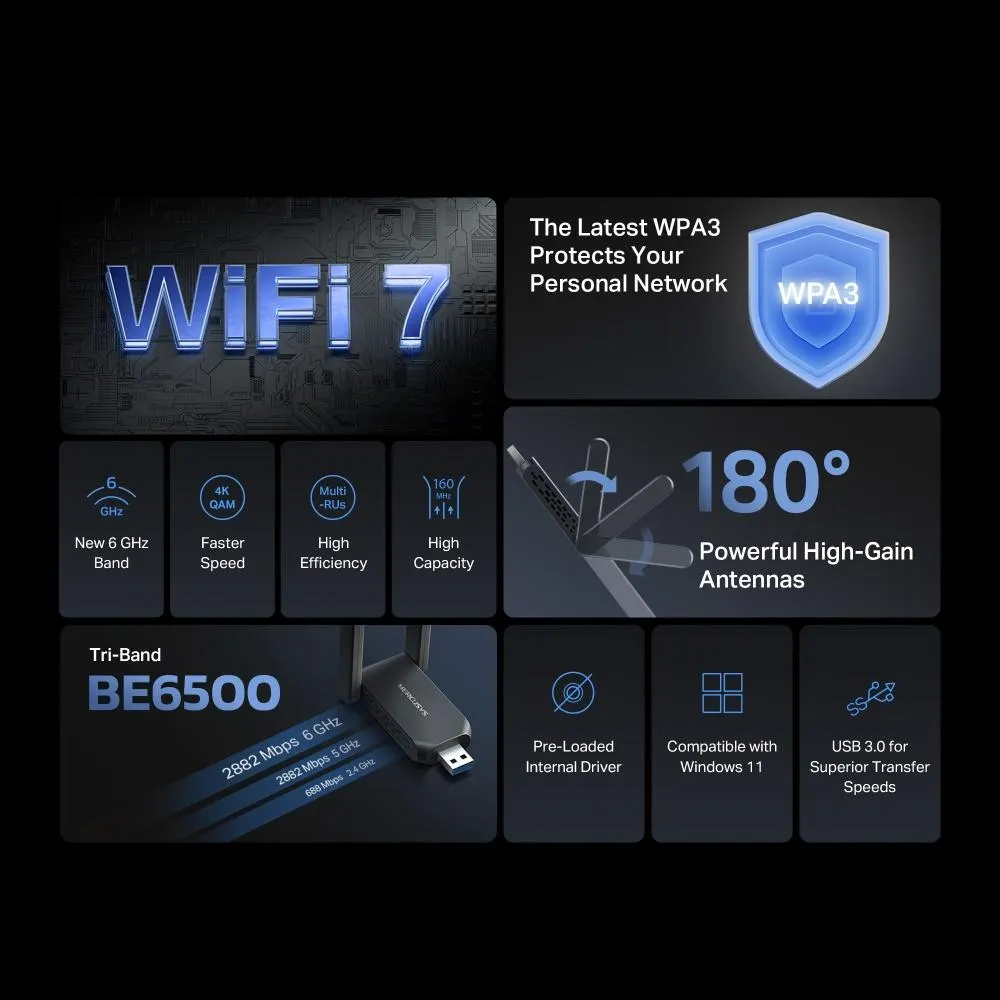 Wi-Fi ადაპტერი MERCUSYS, MA37BEH, BE6500 Wi-Fi 7 High Gain Wireless USB Adapter