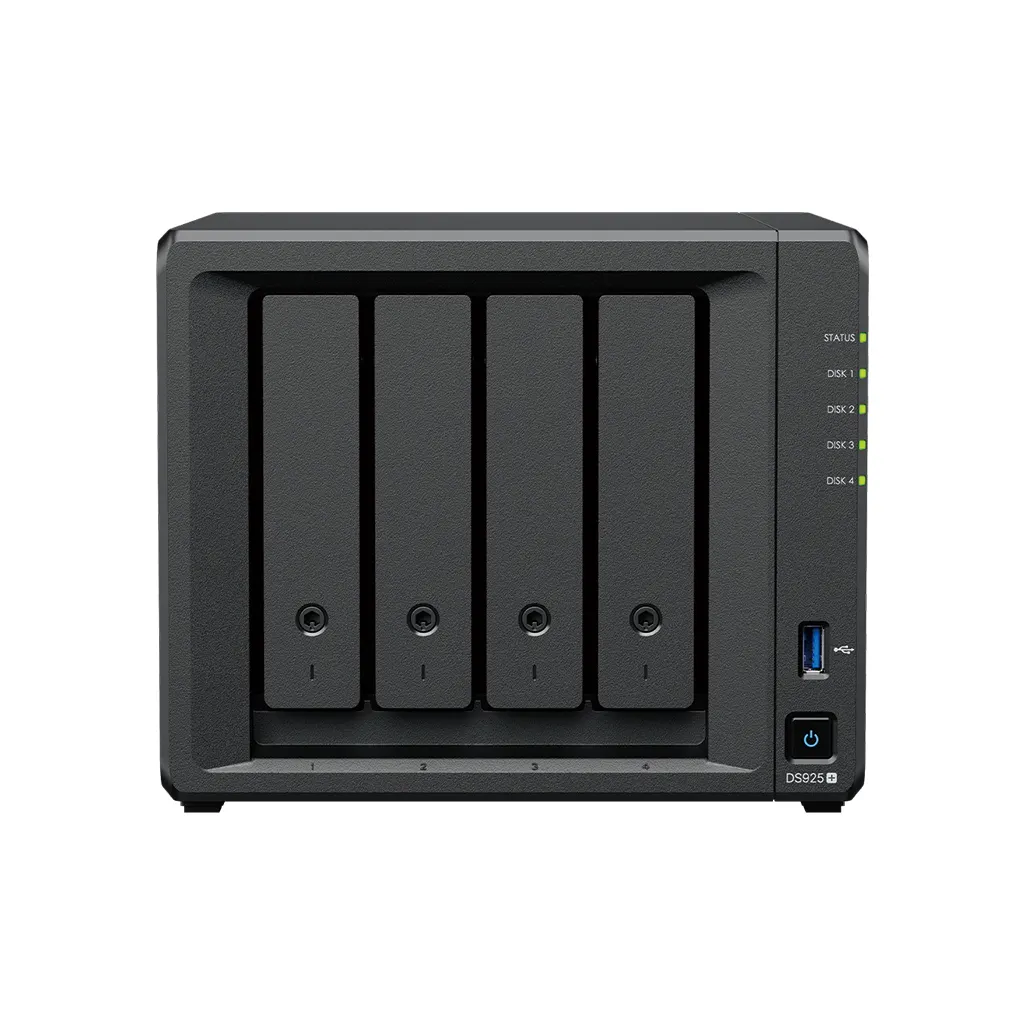 DS925+ AMD Ryzen R1600 2-core 2.6 (base) / 3.1 (turbo) GHz;/RAM 4 GB (4 GB x 1);/ 4x Drive Bays;/2x M.2 Drive Slots;/2x RJ-45 1GbE LAN Port;/2x USB 3.2 Gen 1 Port;/ eSATA Port;/ PCIe Expansion 1 x Gen3;/ Power Supply Unit 100W ;/ Warranty 3Y
