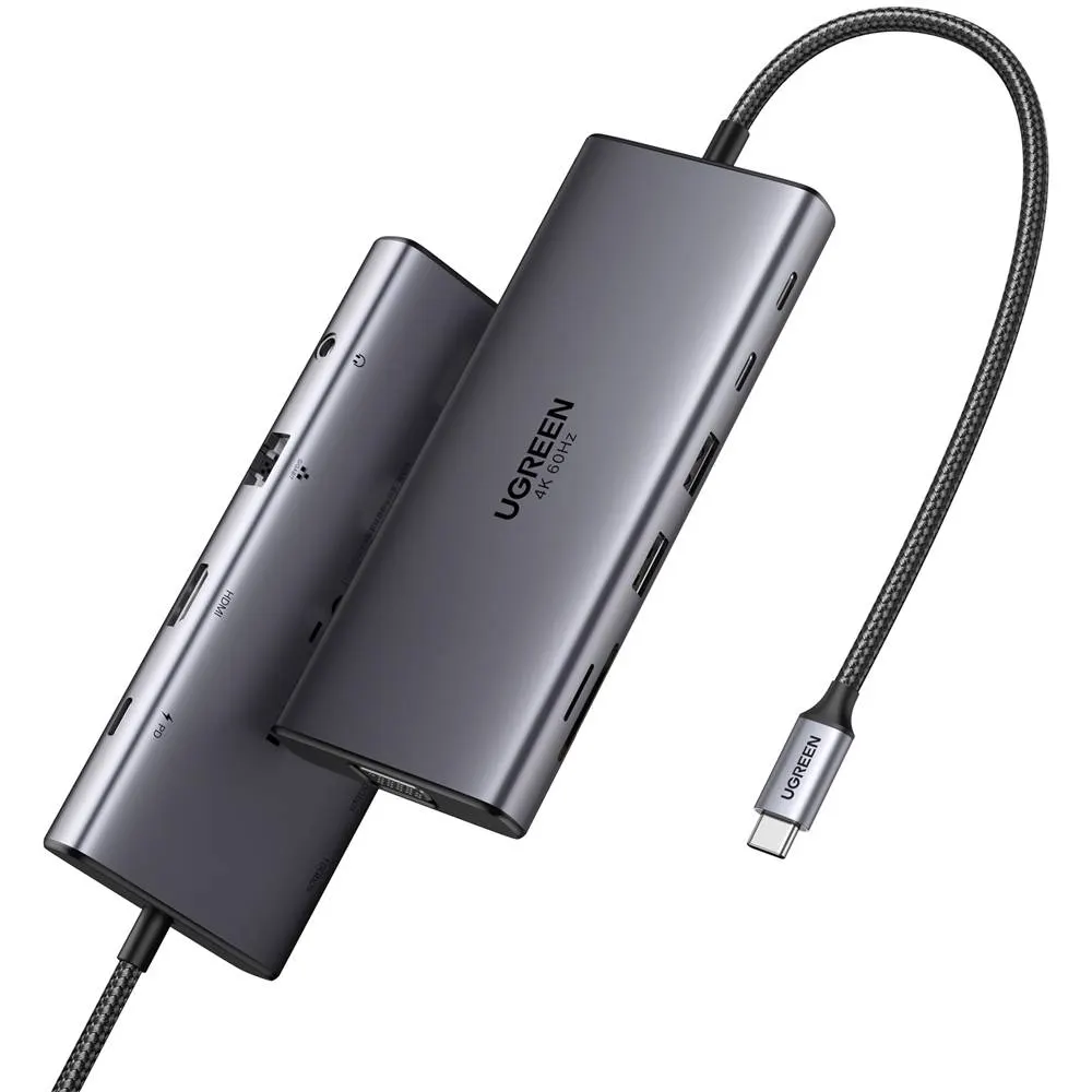 USB-C ჰაბი UGREEN CM639 (45520), Type-C, USB-A, HDMI, VGA, RJ45, SD/TF, 3.5MM, PD, 11-in-1 USB-C Hub, Grey