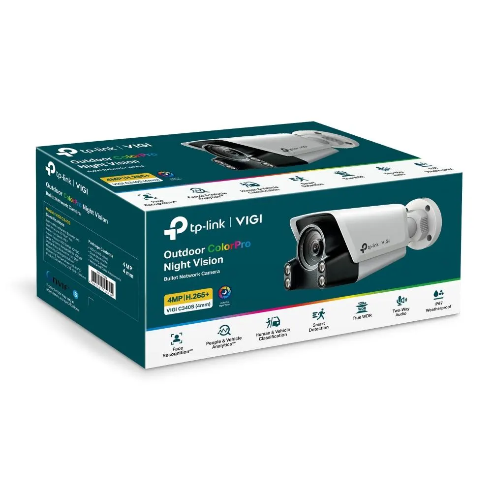 VIGI C340S(4mm), TP-Link, Camera, 4MP Outdoor ColorPro Night Vision Bullet, Smart, 1/1.8Cmos, F1.0, IP67, H.265+, 2 Way Audio, SD