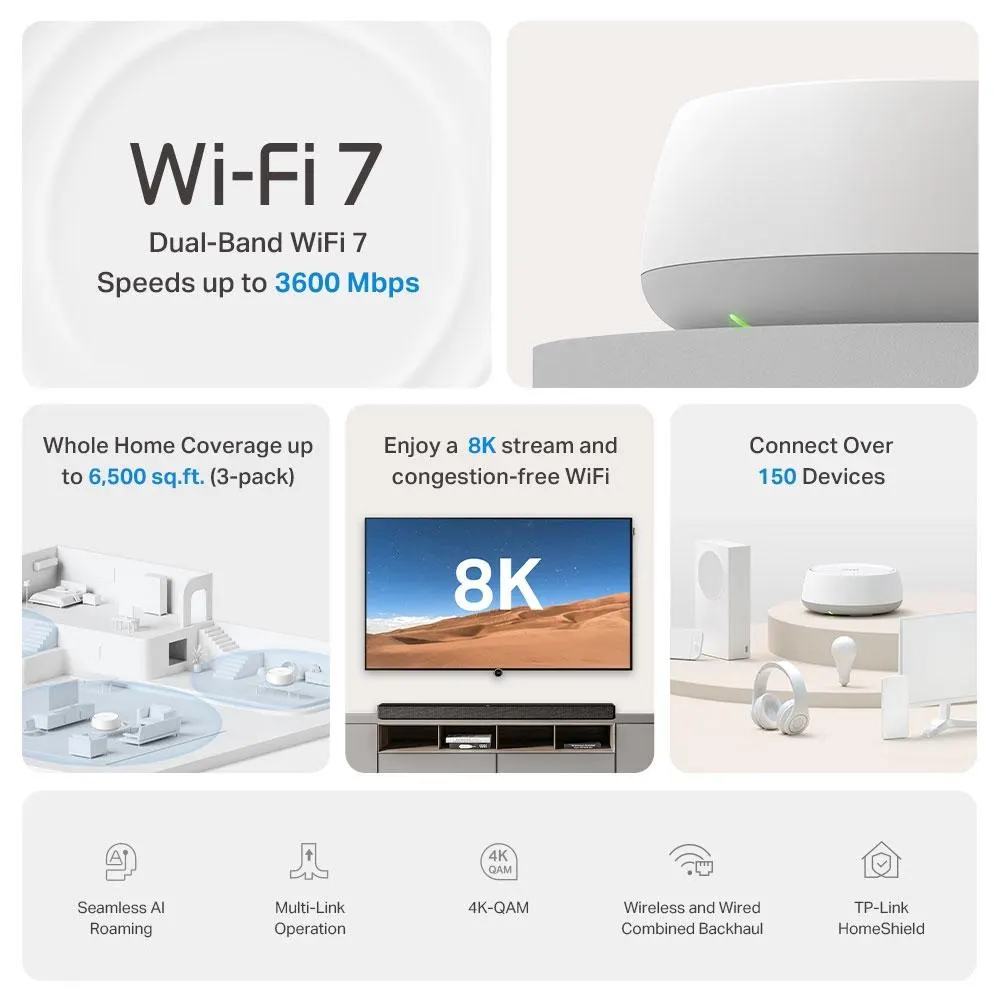 Mesh სისტემა TP-Link, Deco BE22(2-pack), BE3600 Whole Home Mesh WiFi 7 System