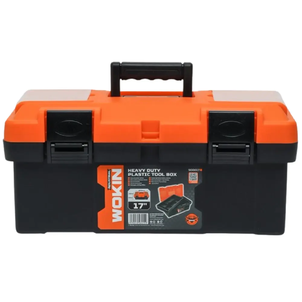 ხელსაწყოების პლასტმასის ყუთი Wokin 900017, 17\", Heavy Duty Plastic Tool Box (INDUSTRIAL), Black/Orange